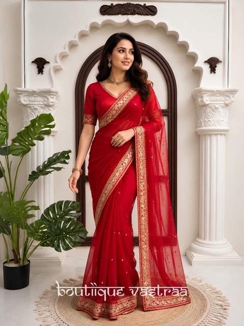 Premium Designer Redifined Party Wear Red Saree  (KD 638)