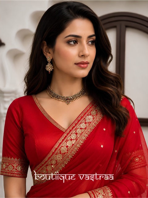 Premium Designer Redifined Party Wear Red Saree  (KD 638)