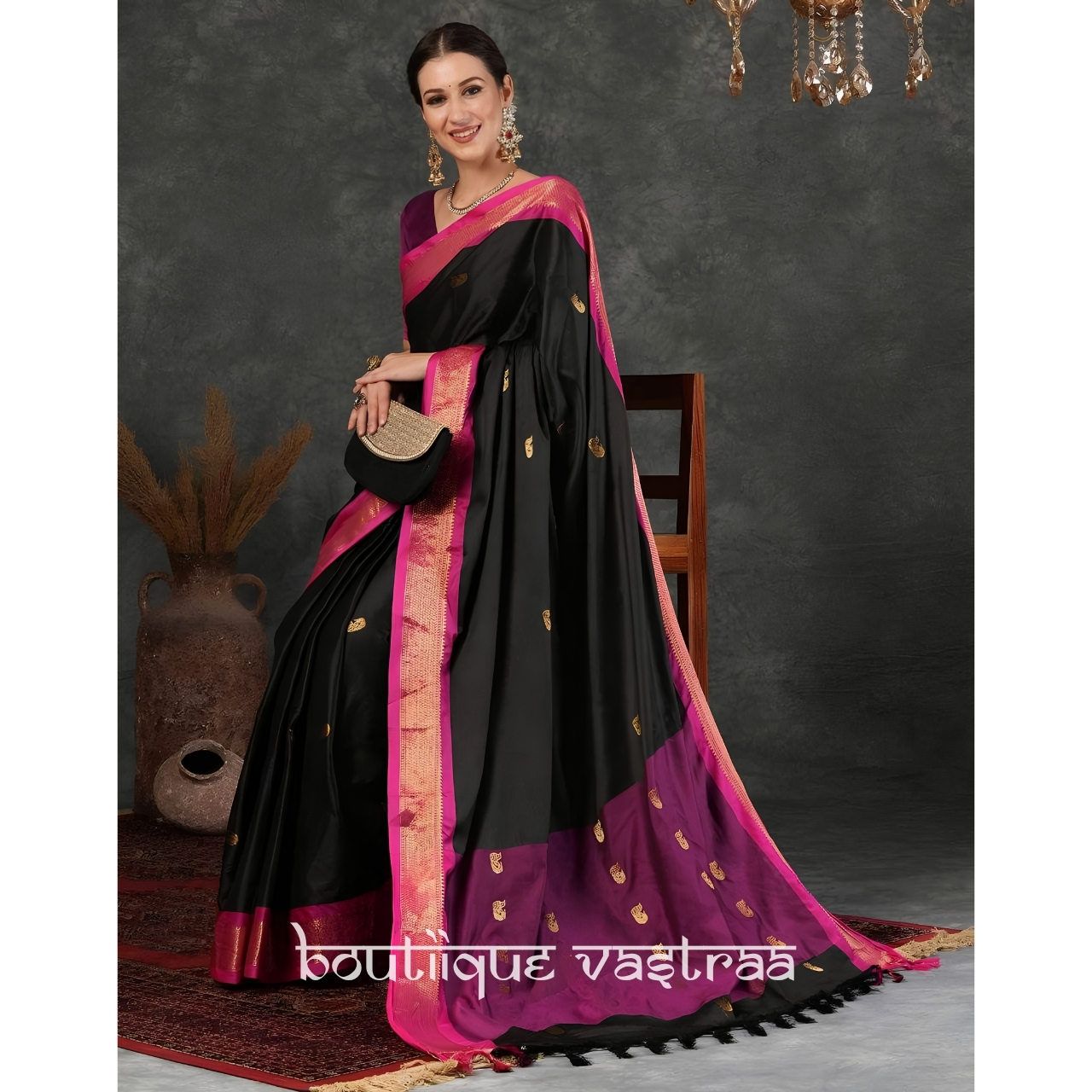 Prmeium Ethic Wear Cream With Purple Silk Saree  (KPR 308)