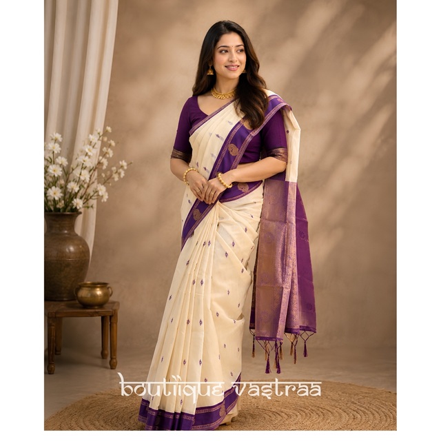 Premeium Ethic Wear Cream With Purple Silk Saree (KPR 308)