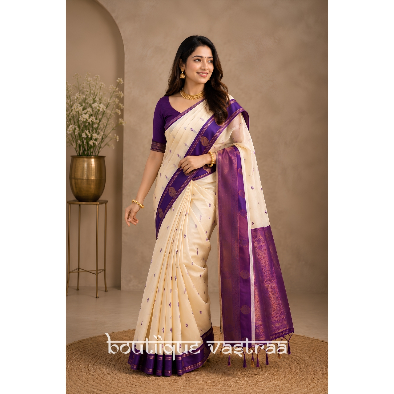 Premeium Ethic Wear Cream With Purple Silk Saree (KPR 308)