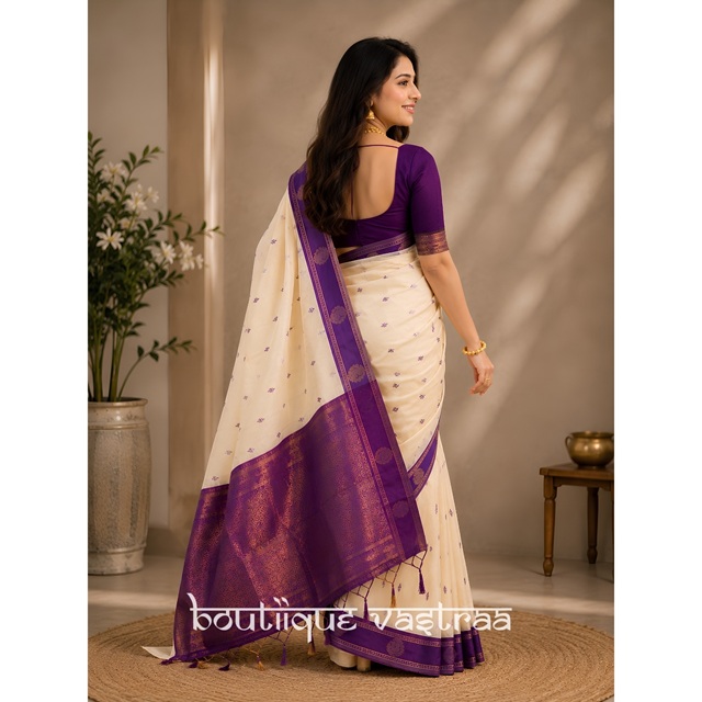 Premeium Ethic Wear Cream With Purple Silk Saree (KPR 308)