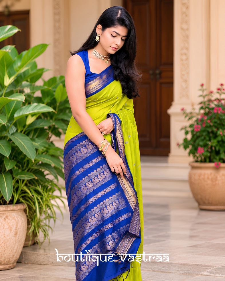 Lime Green & Royal Blue Silk Saree(KP 6092)