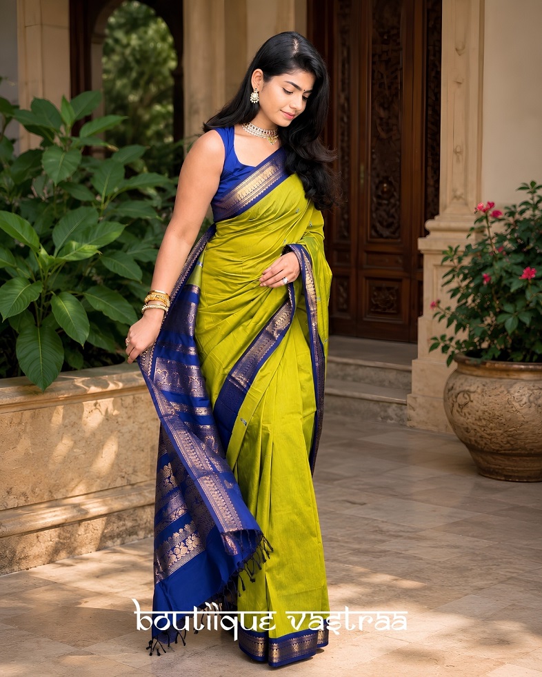 Lime Green & Royal Blue Silk Saree(KP 6092)