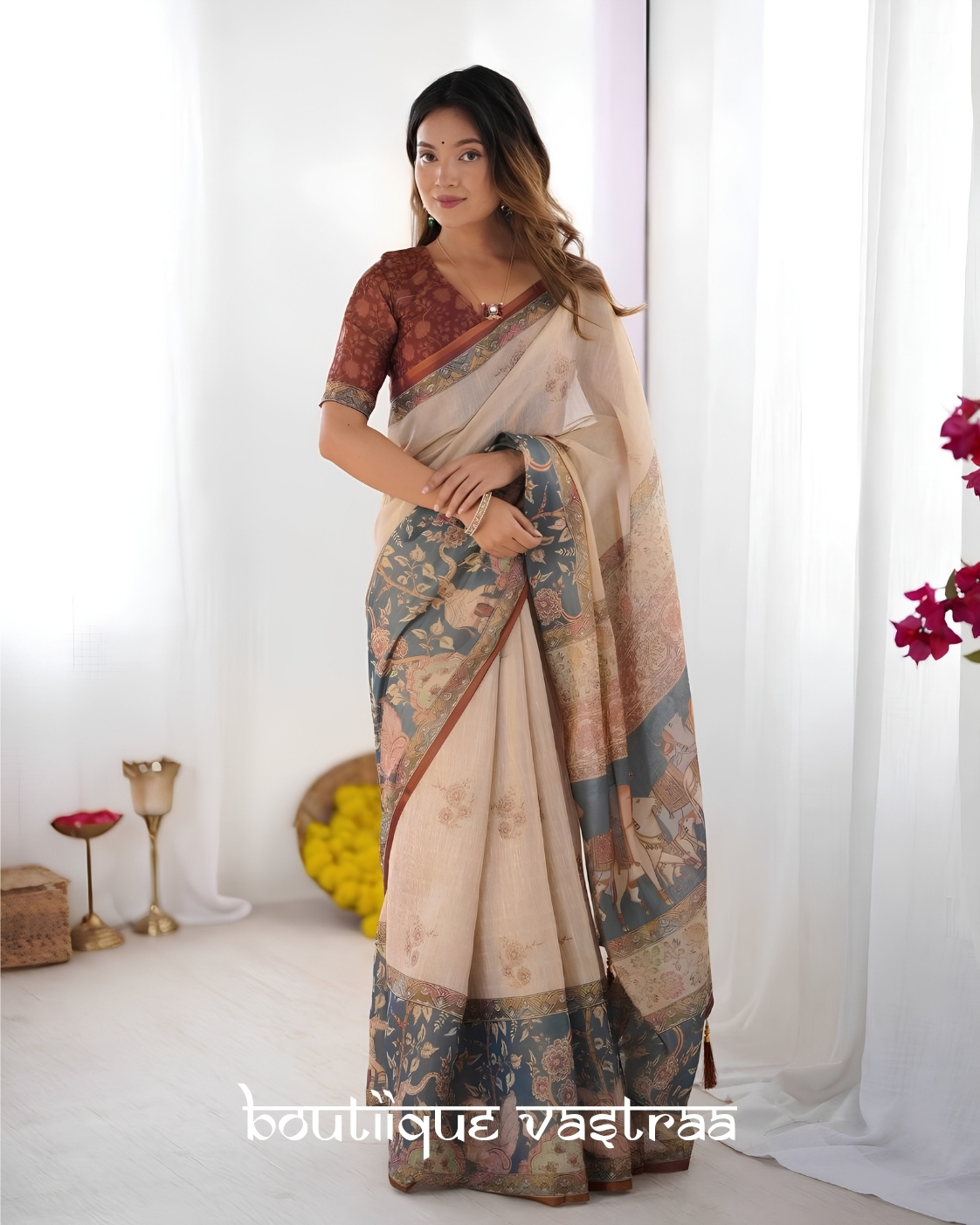 Beige Printed Silk Saree(KPW 393)