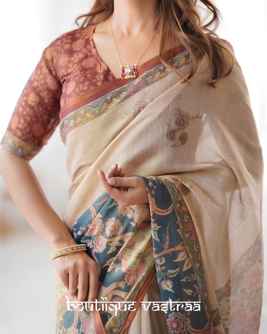 Beige Printed Silk Saree(KPW 393)