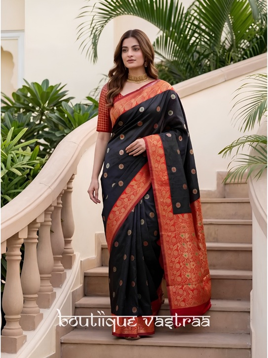 Premium Ethic Silk Black Saree  (KP 7006)