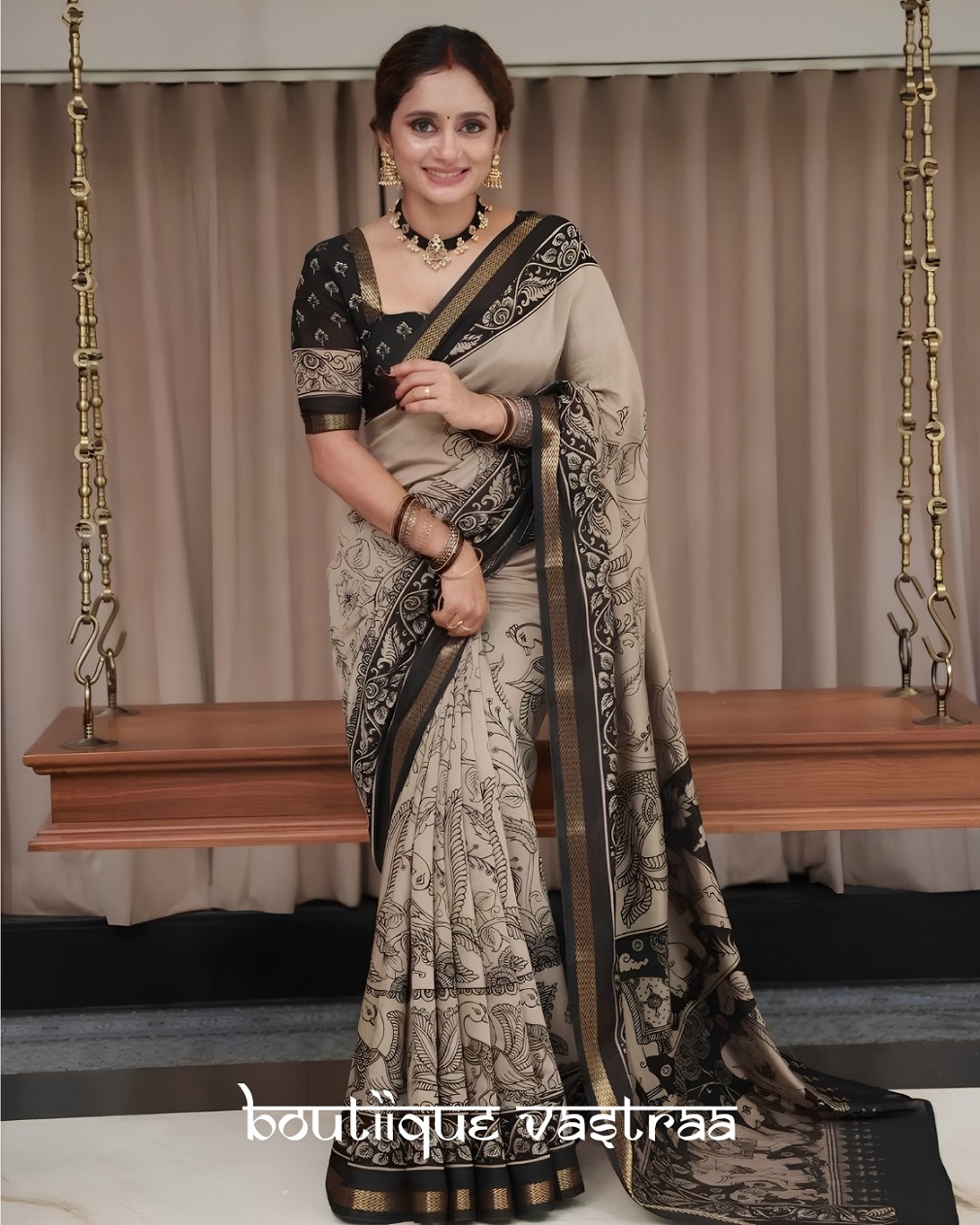Elegant Black & Beige Printed Saree (KPW 394)