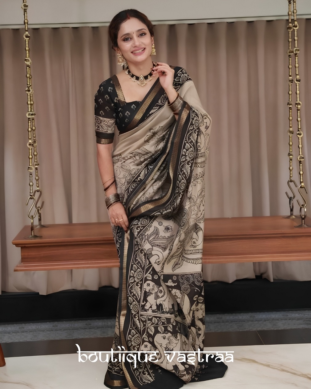 Elegant Black & Beige Printed Saree (KPW 394)