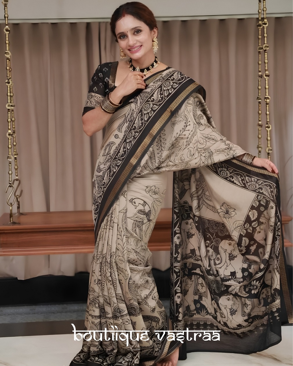 Elegant Black & Beige Printed Saree (KPW 394)