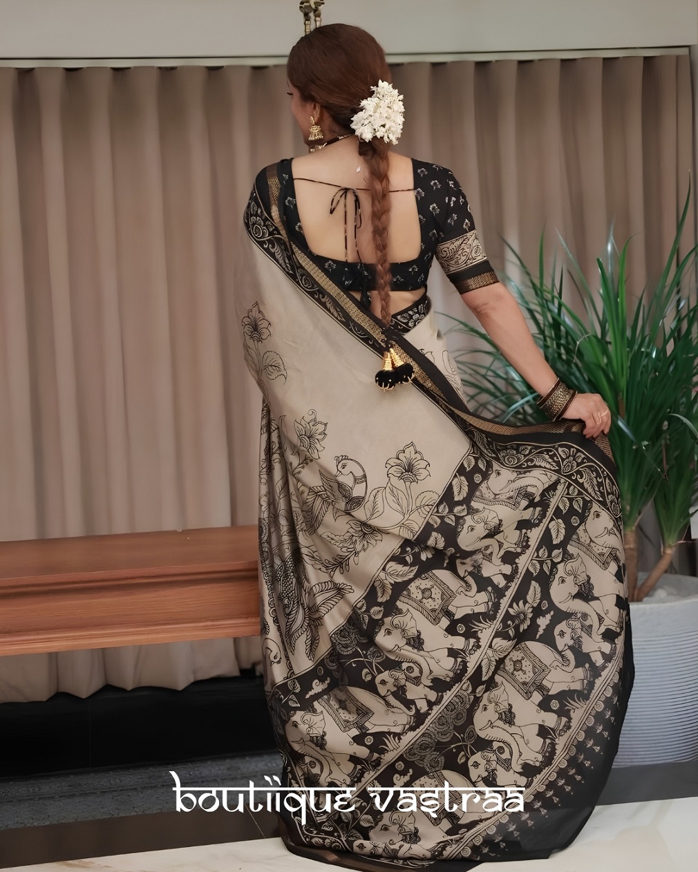 Elegant Black & Beige Printed Saree (KPW 394)