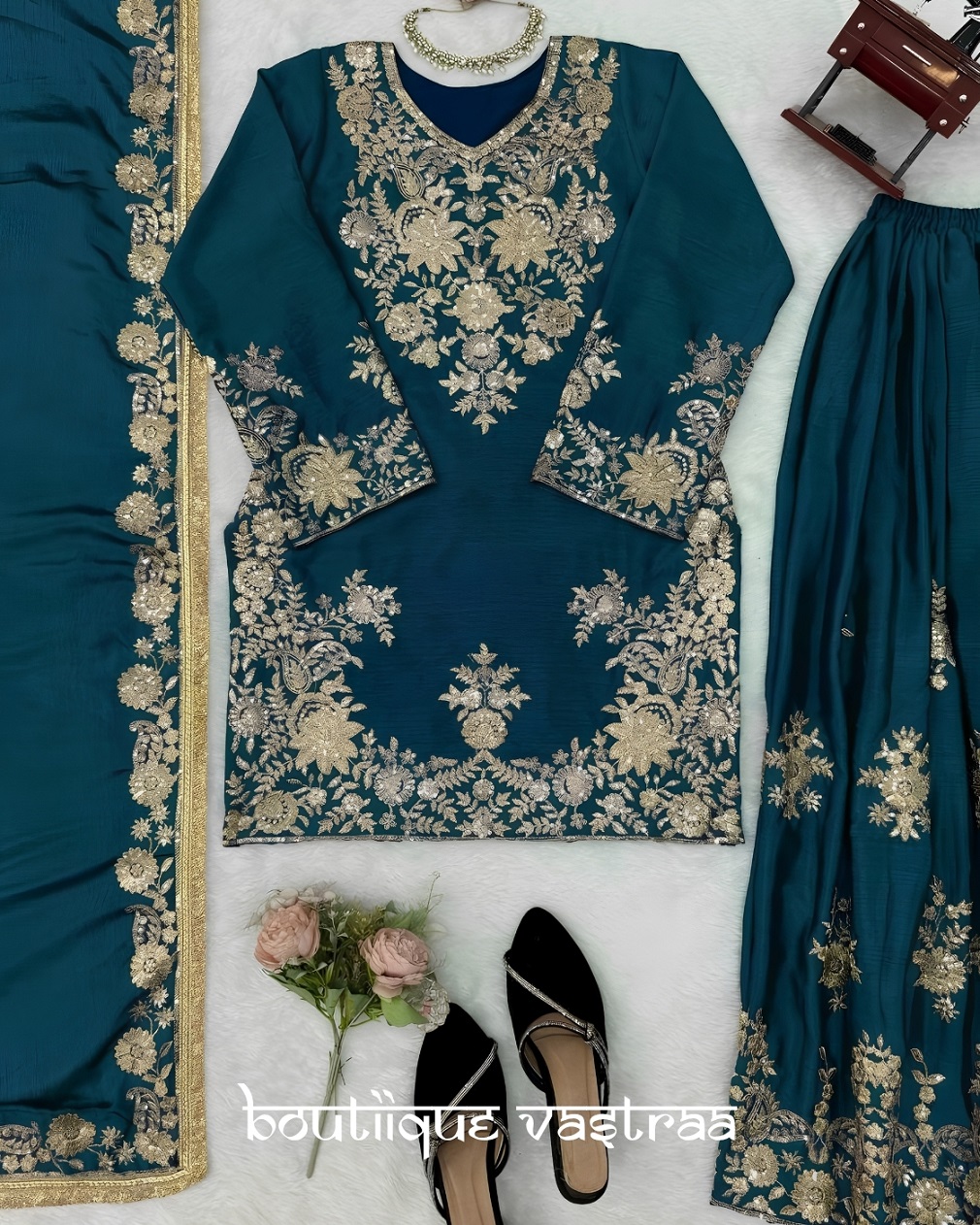 Premium Royal Teal Blue Embroidered Anarkali Set (RTC 6041)