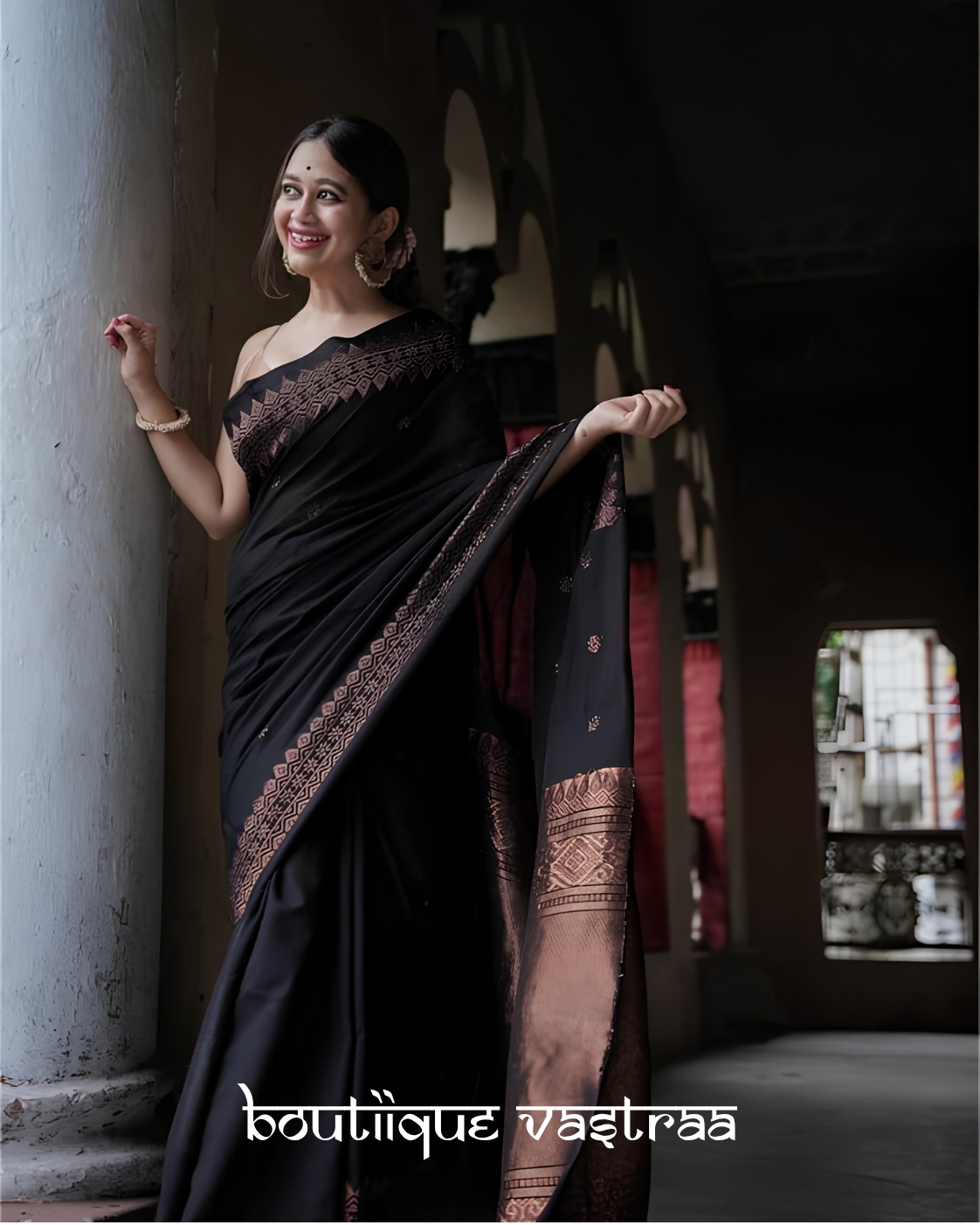Emerald Black Banarasi Soft Lichi Silk Saree (MF 1950)