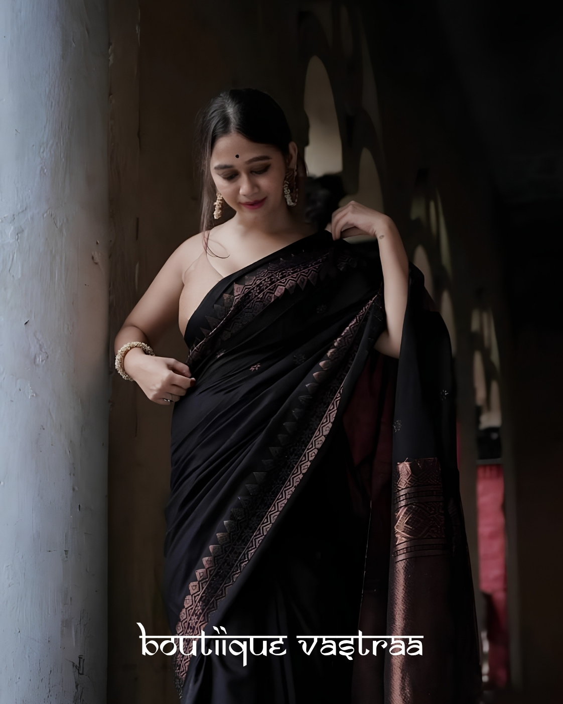 Emerald Black Banarasi Soft Lichi Silk Saree (MF 1950)