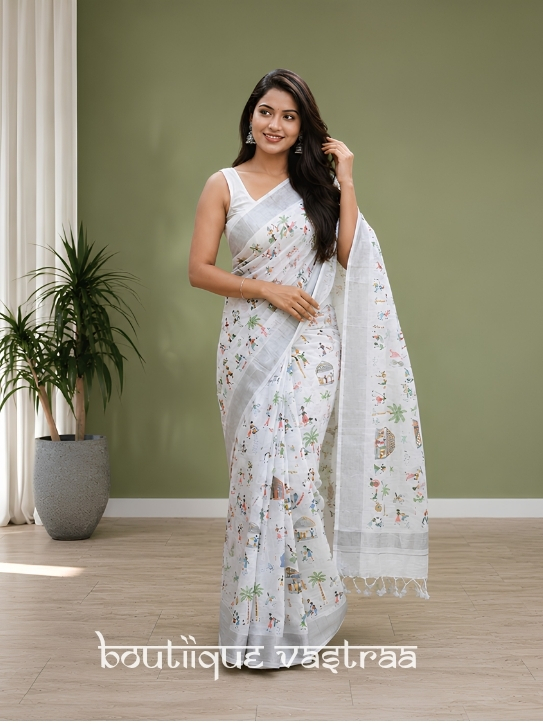 Elegant white Floral printed Linen saree  (S4s)