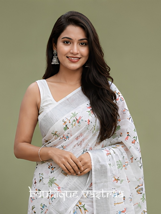 Elegant white Floral printed Linen saree  (S4s) - Detailed Pallu View