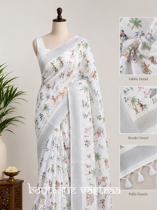 Elegant white Floral printed Linen saree  (S4s)