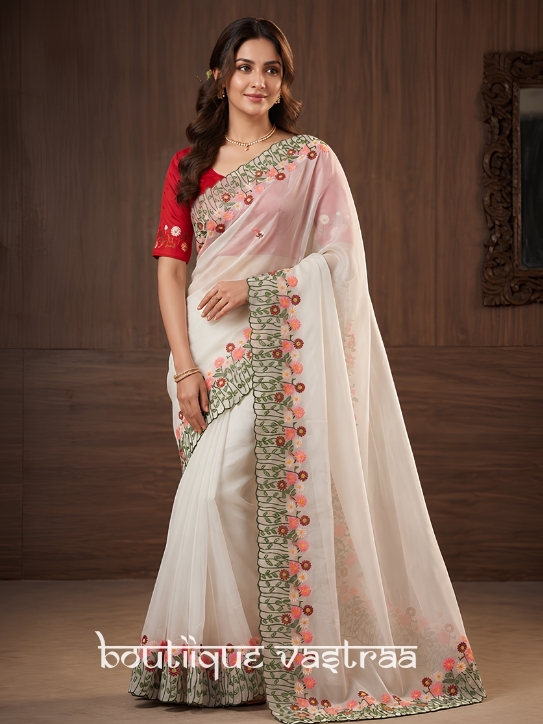 White Floral Embroidered Saree  (RC)