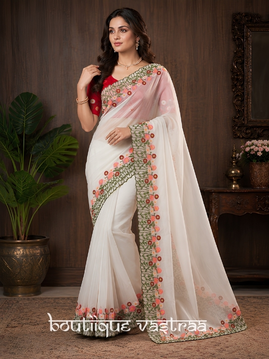 White Floral Embroidered Saree  (RC)