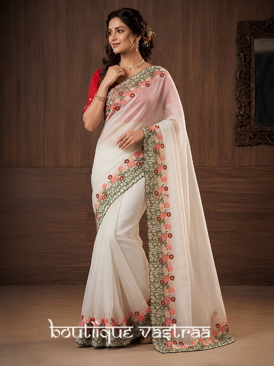 White Floral Embroidered Saree  (RC)