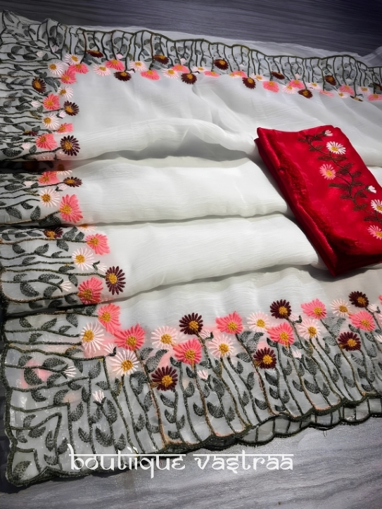 White Floral Embroidered Saree  (RC)
