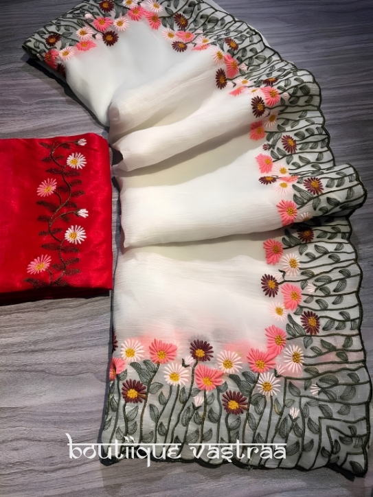 White Floral Embroidered Saree  (RC)