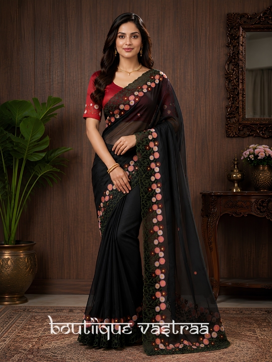 Black Floral Embroidered Saree  (RC)