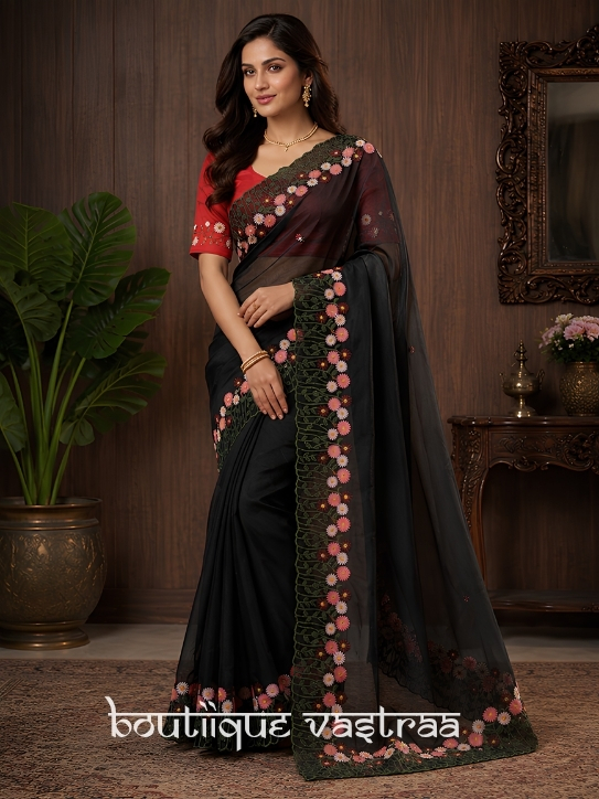 Black Floral Embroidered Saree  (RC) - Detailed Pallu View