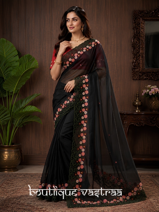 Black Floral Embroidered Saree (RC)