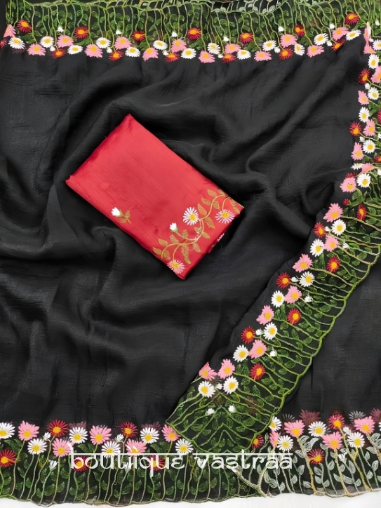 Black Floral Embroidered Saree (RC)