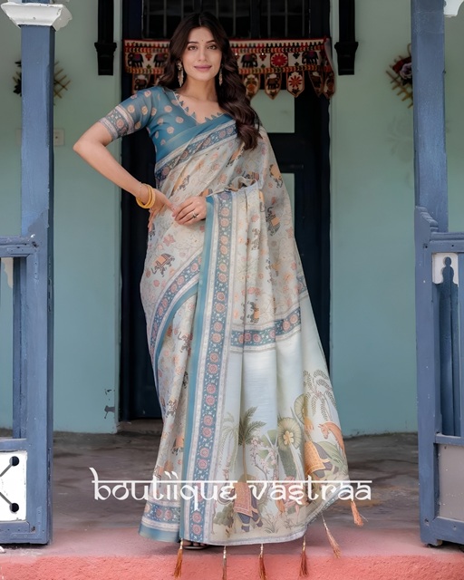 Elegant Handblock-Style Printed Saree  (KPW 395) - Detailed Pallu View
