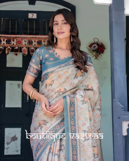 Elegant Handblock-Style Printed Saree  (KPW 395)