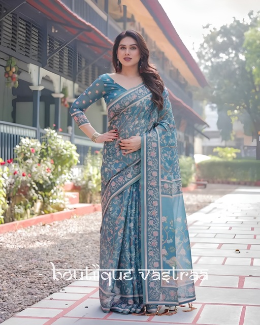 Elegant Sky Blue Printed Saree  (KPW 396) - Detailed Pallu View