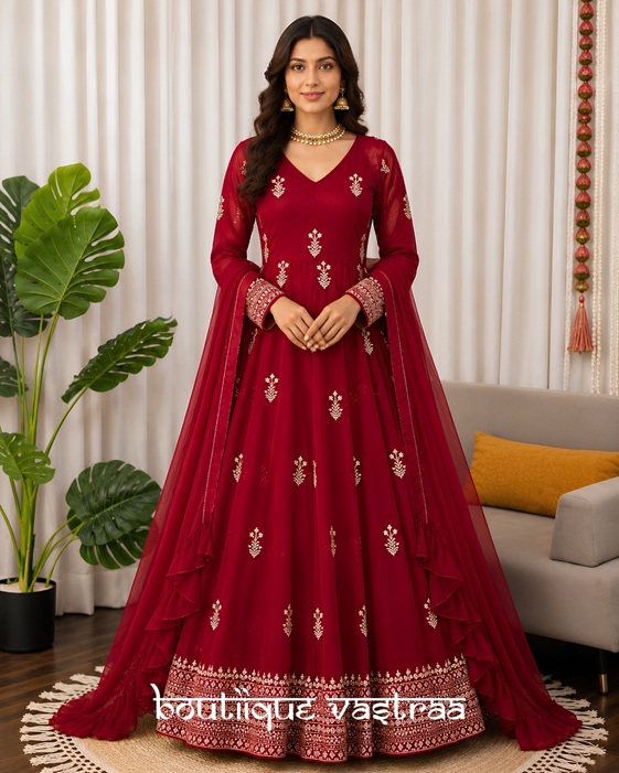 Ruby Red Bloom Anarkali Set   (RTC 5980)