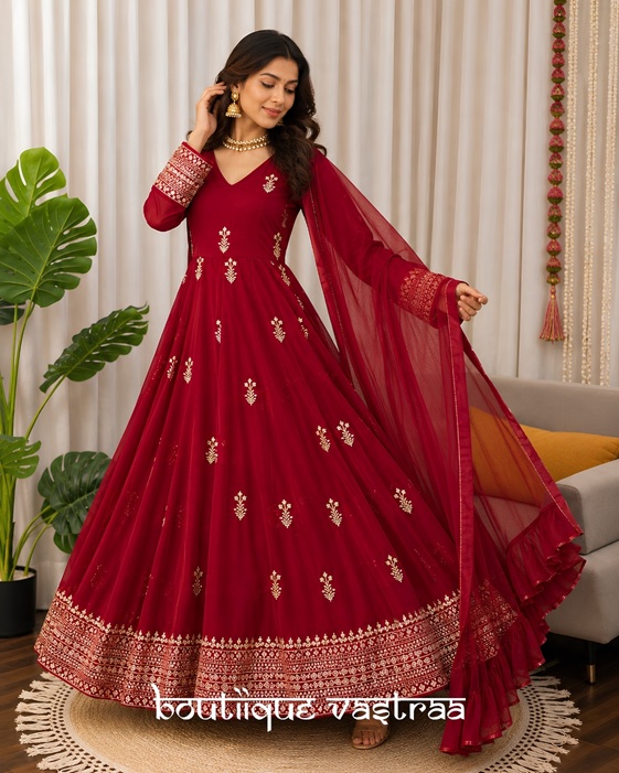 Ruby Red Bloom Anarkali Set   (RTC 5980)