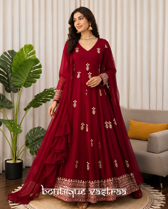 Ruby Red Bloom Anarkali Set   (RTC 5980)