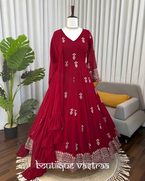 Ruby Red Bloom Anarkali Set   (RTC 5980)