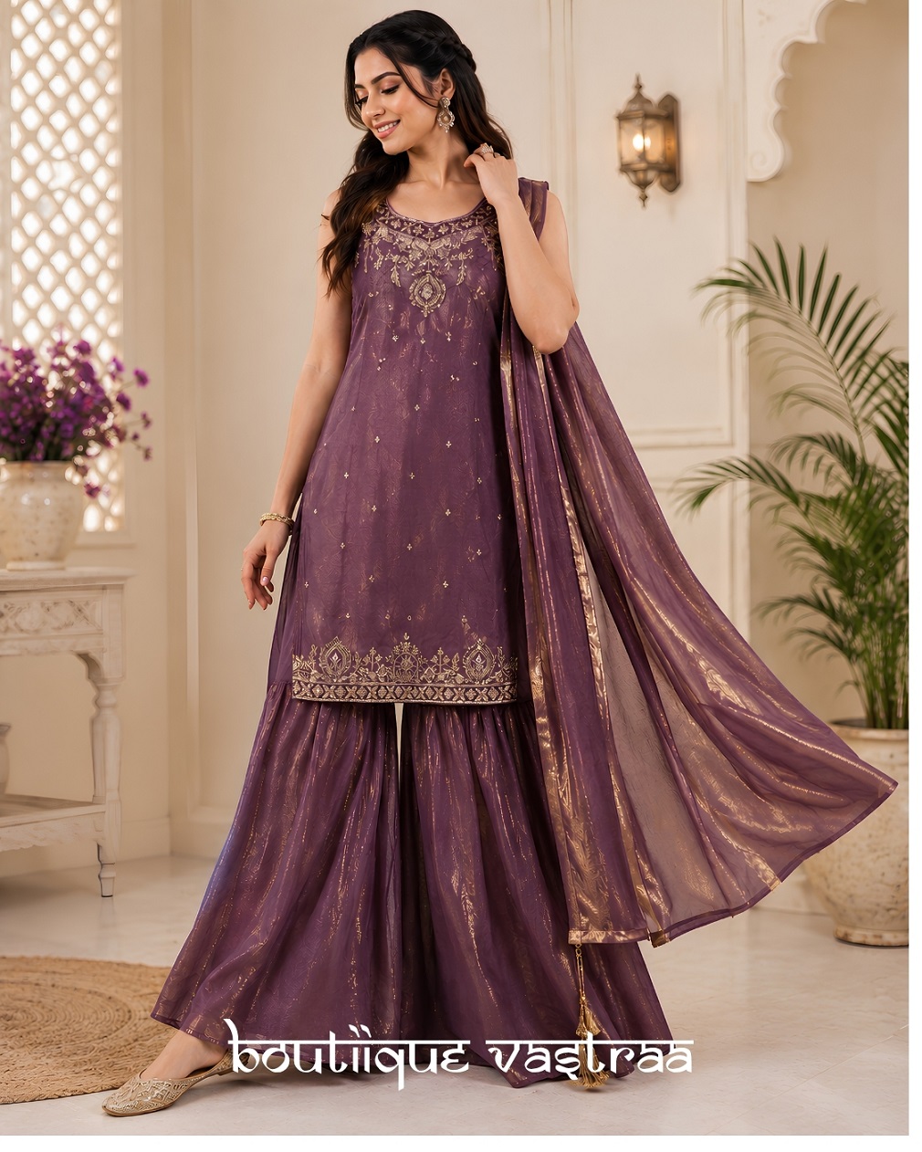 Royal Purple Embroidered Sharara Set (MF 489)