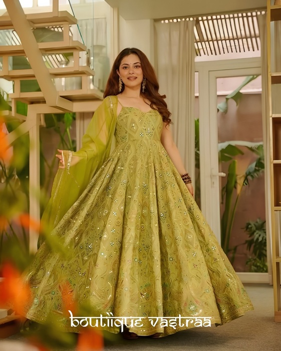Olive-Green Anarkali Gown   (SCNX 1198)