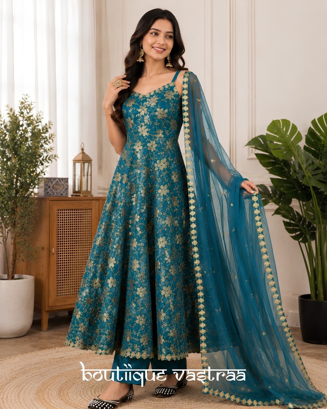 Royal Teal Blue Floral Anarkali Set    (MF 518)