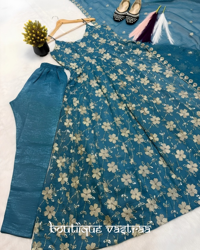 Royal Teal Blue Floral Anarkali Set    (MF 518)