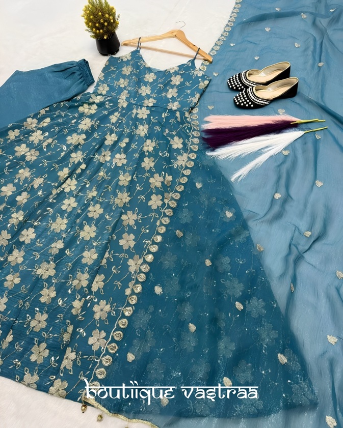Royal Teal Blue Floral Anarkali Set    (MF 518)