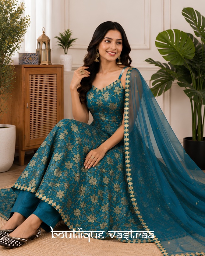 Royal Teal Blue Floral Anarkali Set    (MF 518)