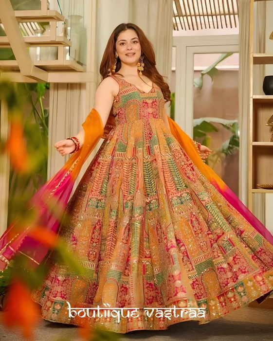Royal Multicolor Heritage Anarkali Gown   (SCNX 1197) - Handcrafted Ethnic Wear