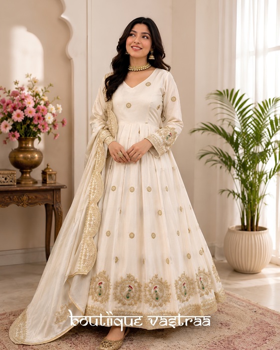Regal Ivory White Anarkali set   (KD 1501) - Handcrafted Ethnic Wear