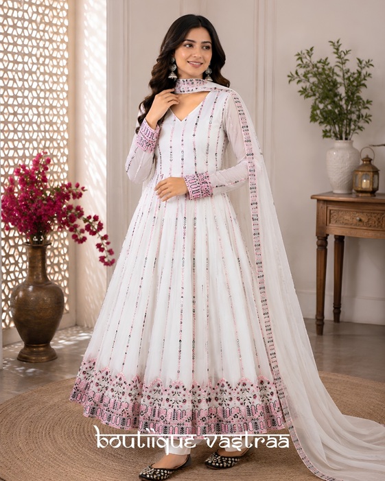 Elegant white Anarkali set    (MF 436) - Handcrafted Ethnic Wear