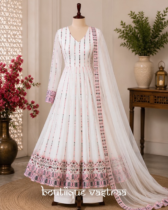 Elegant white Anarkali set    (MF 436)