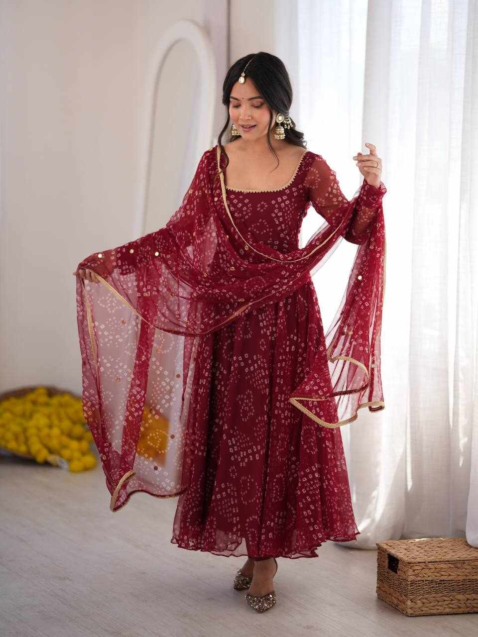 Maroon Bandhani Printed Anarkali Set     (RTC 6063) - Handcrafted Ethnic Wear