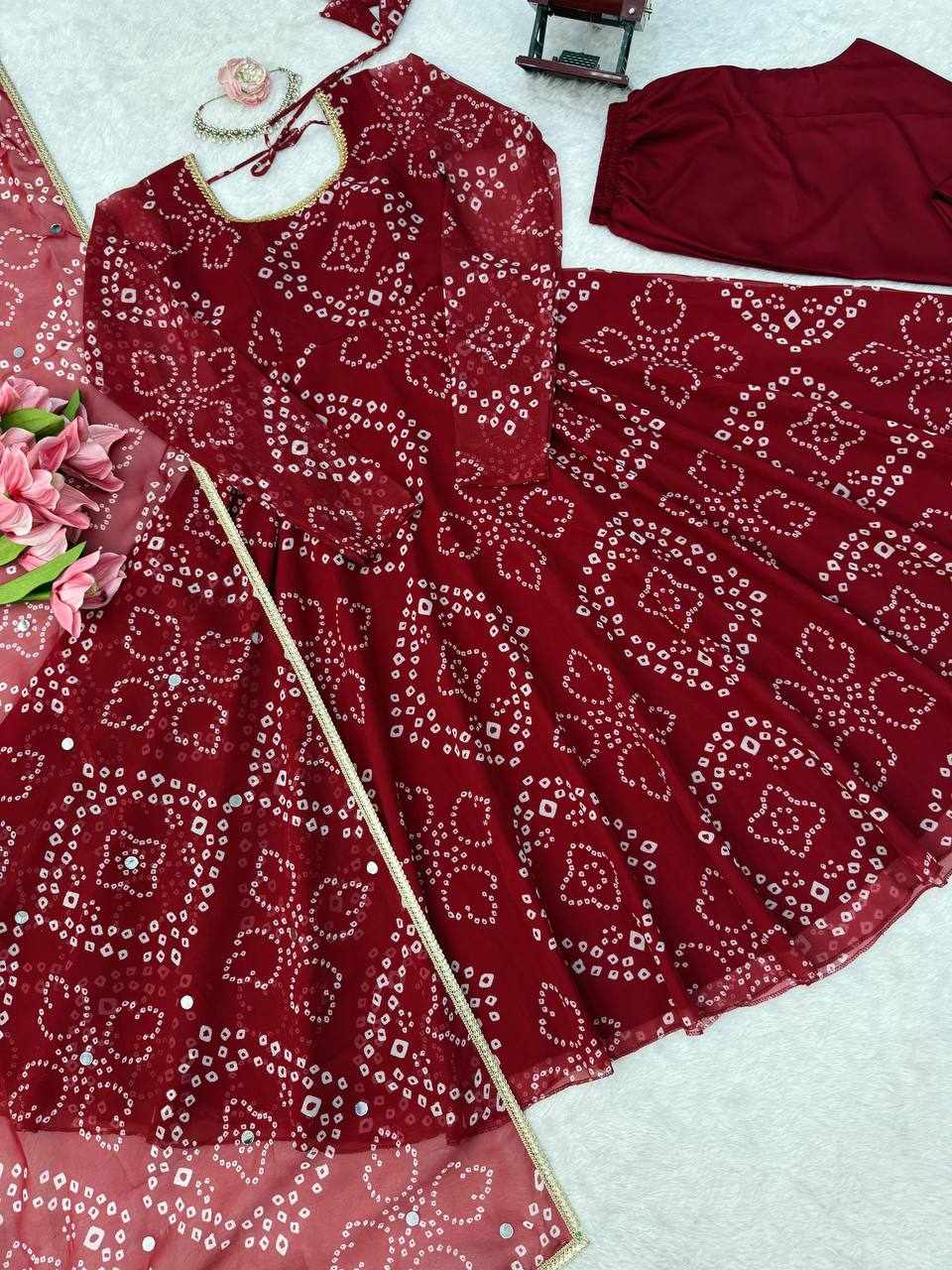 Maroon Bandhani Printed Anarkali Set     (RTC 6063)