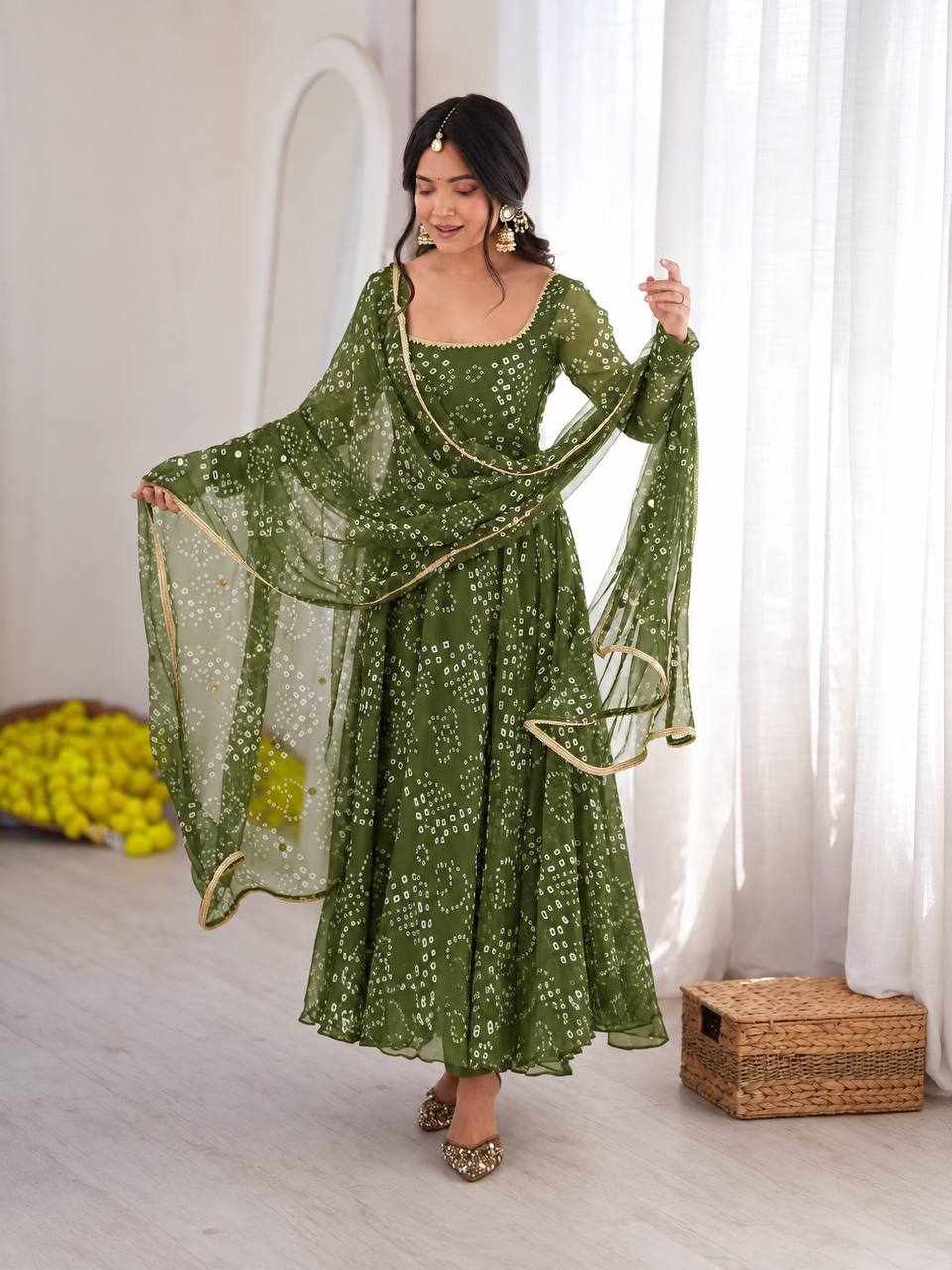 Olive Green Bandhani Anarkali Set    (RTC 6063 ) - Handcrafted Ethnic Wear